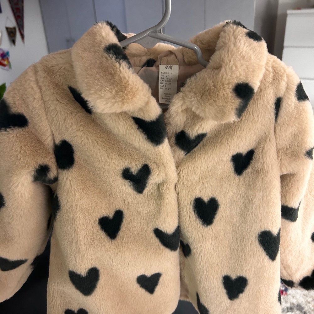 H&M Kids Faux Fur Jacket with Heart Design - Tan and Black
